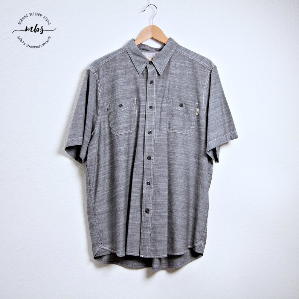 Woolrich Stripes Contrast Stitch Button Down Cotton Short Sleeve Shirt Gray XL